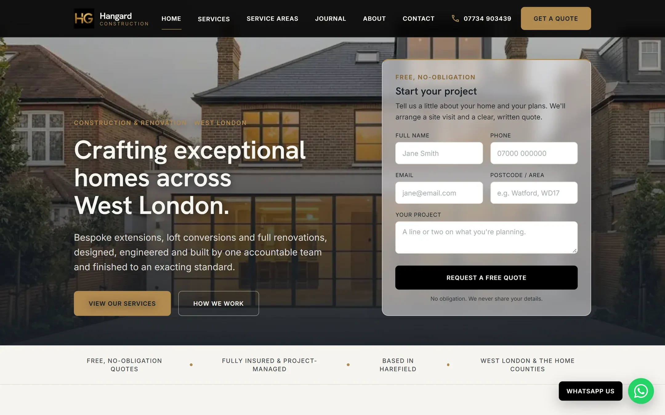 The Hangard Construction homepage on a desktop screen, with a Start your project form over the opening photo