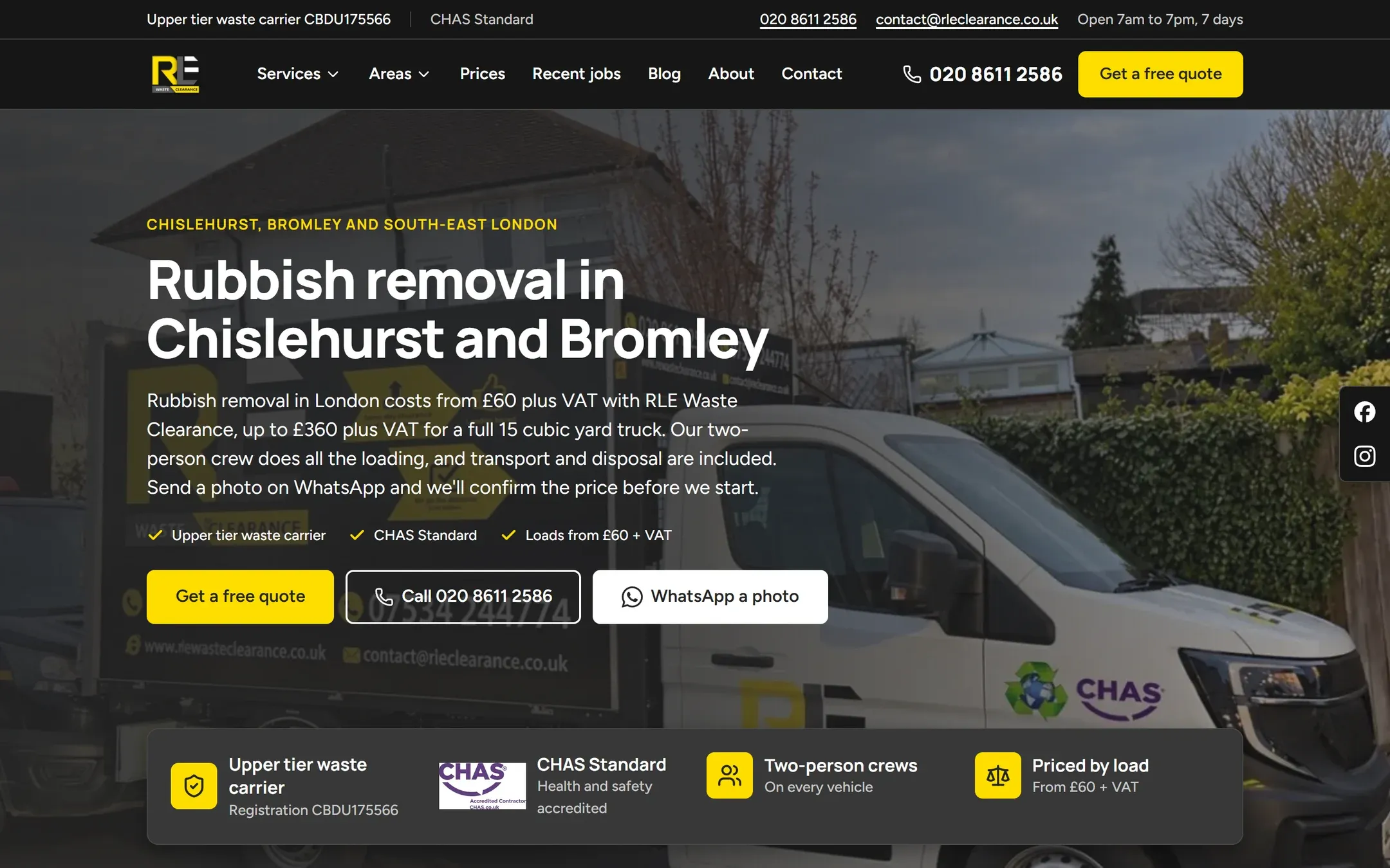 The RLE Waste Clearance homepage on a desktop screen, headed Rubbish removal in Chislehurst and Bromley, with a WhatsApp a photo button