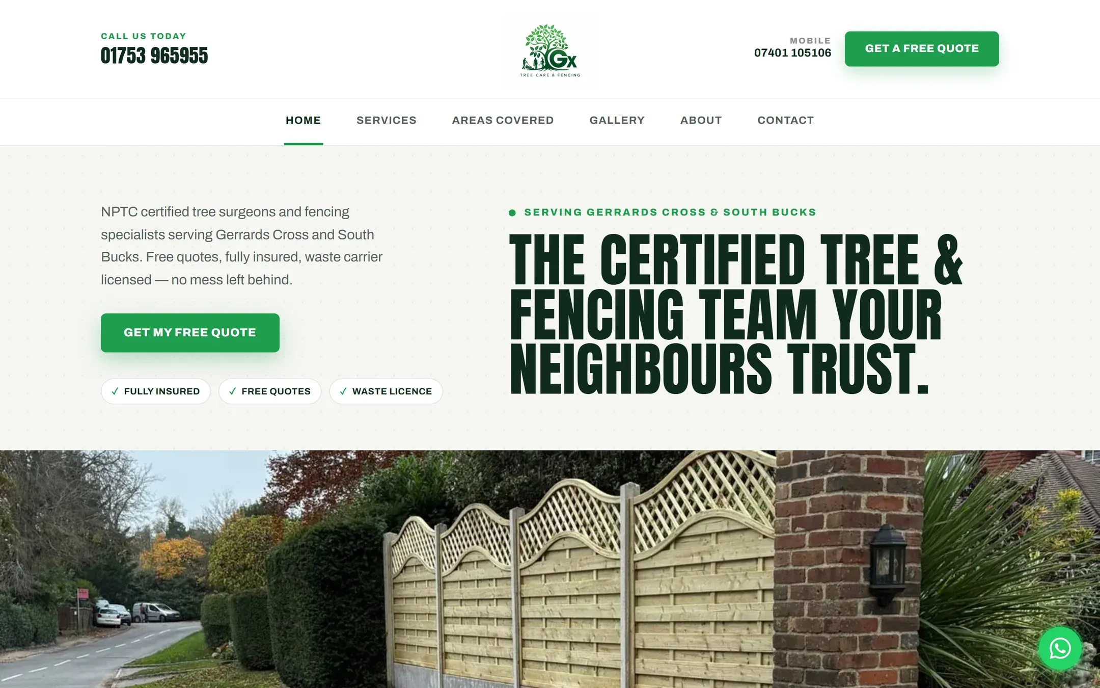The GX Tree Care & Fencing homepage on a desktop screen, with a fencing photo beside the headline