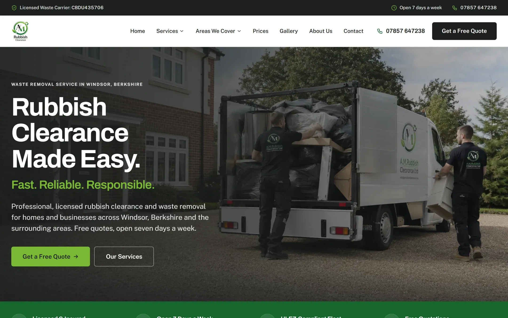 The AM Rubbish Clearance homepage on a desktop screen, headed Rubbish Clearance Made Easy