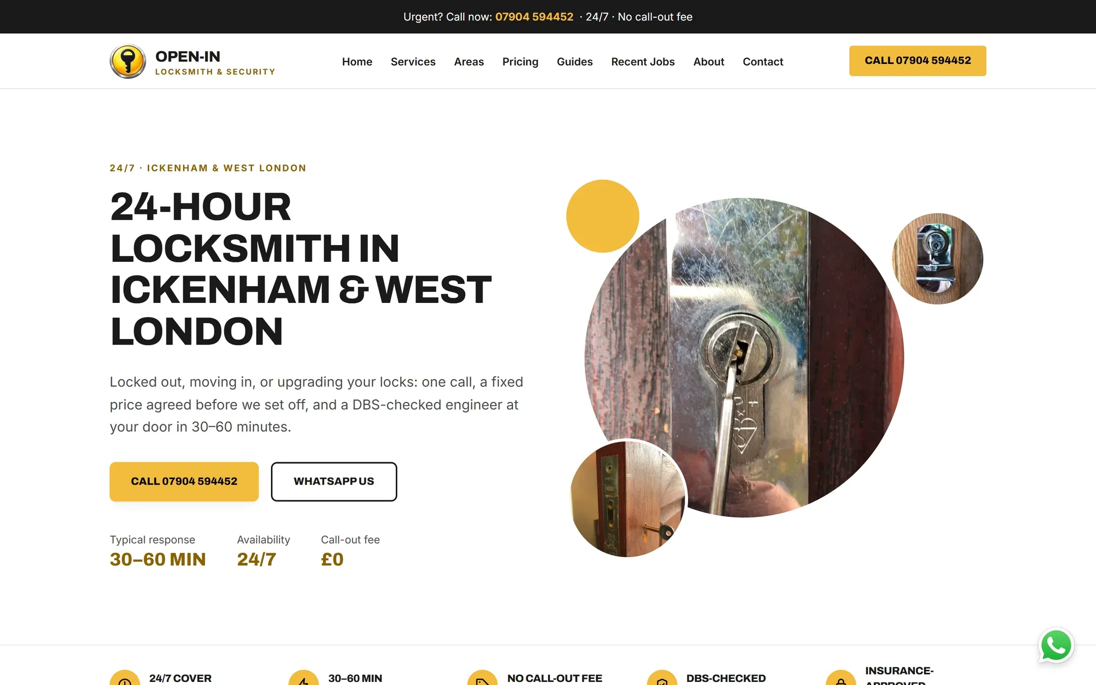 The Open-in homepage on a desktop screen, headed 24-hour locksmith in Ickenham and West London