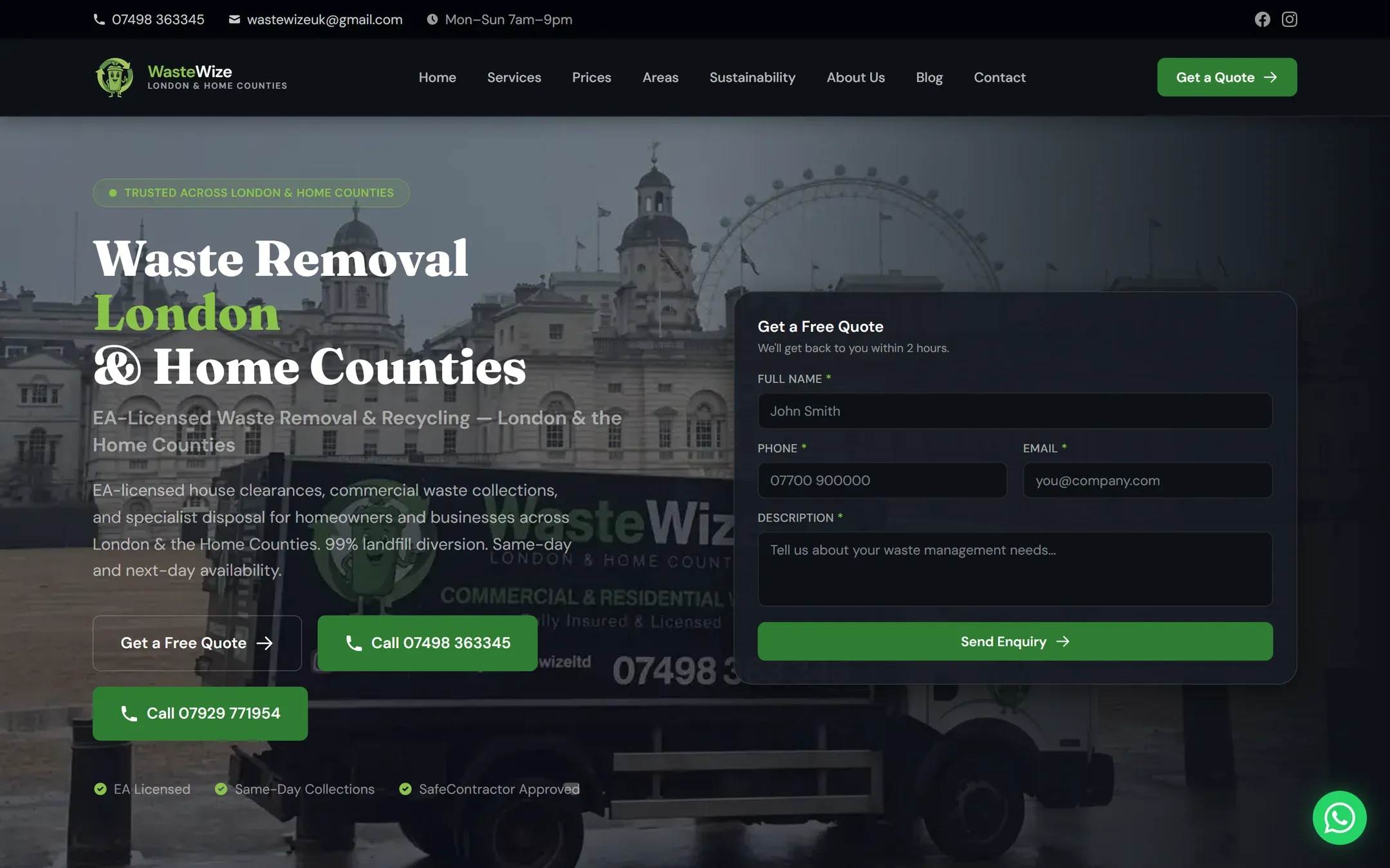The WasteWize homepage on a desktop screen, with the quote form beside the headline