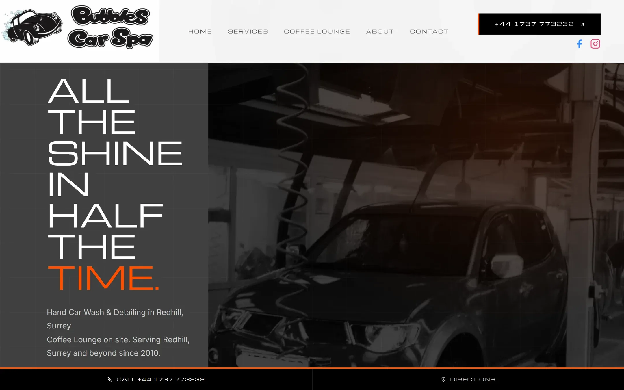 The Bubbles Car Spa homepage on a desktop screen, headed All the shine in half the time