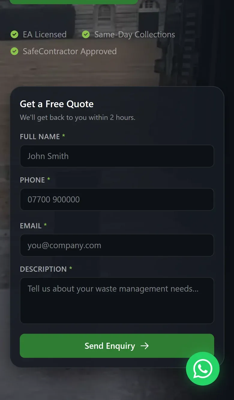 The Get a Free Quote form on a phone, with name, phone, email and description fields