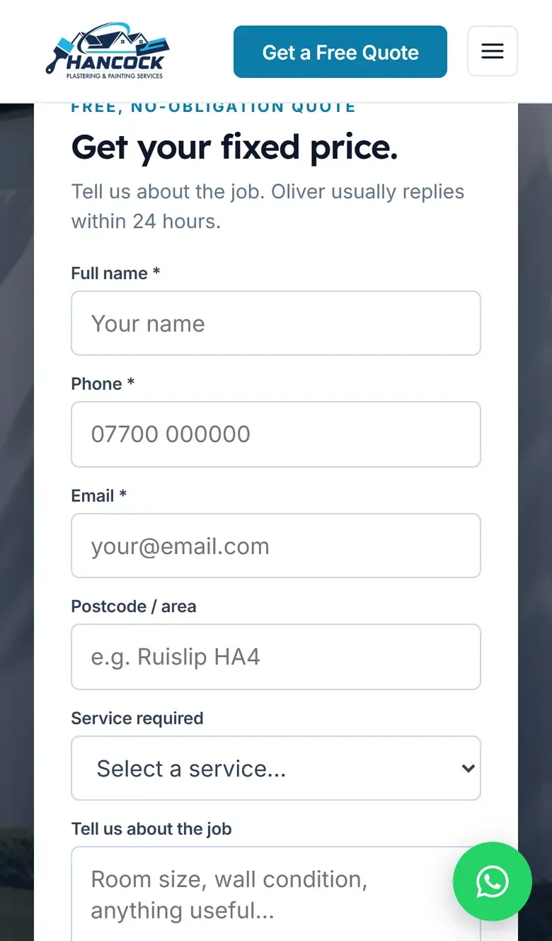 The Get your fixed price quote form on a phone