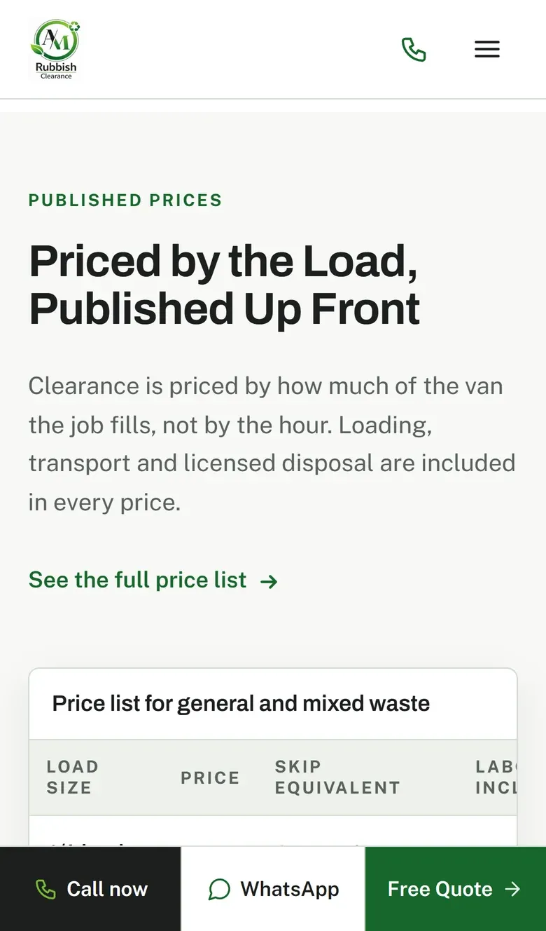 The Priced by the Load, Published Up Front section with the price list on a phone