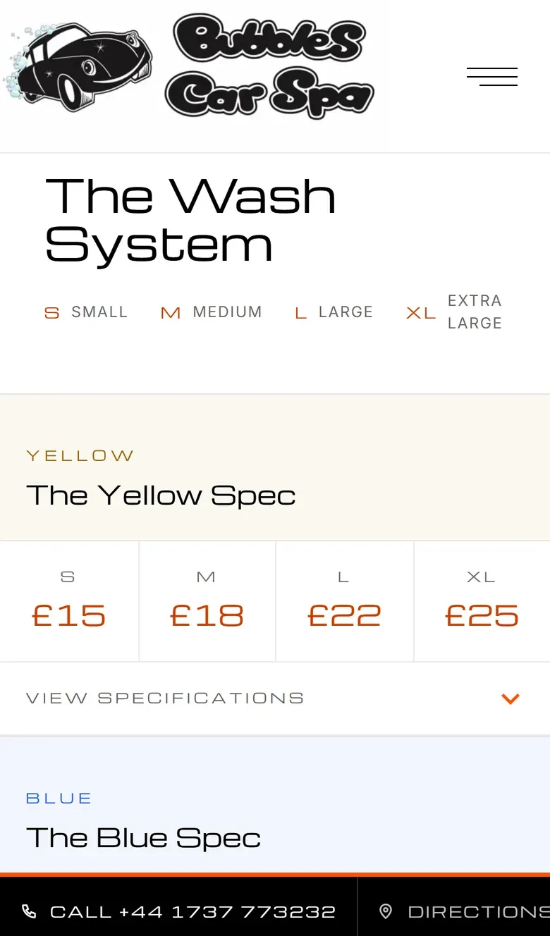 The Wash System price table on a phone, showing the Yellow Spec at £15, £18, £22 and £25 by vehicle size
