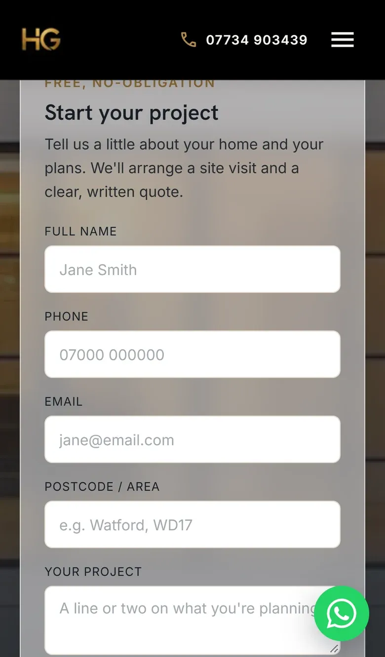 The Start your project form on a phone