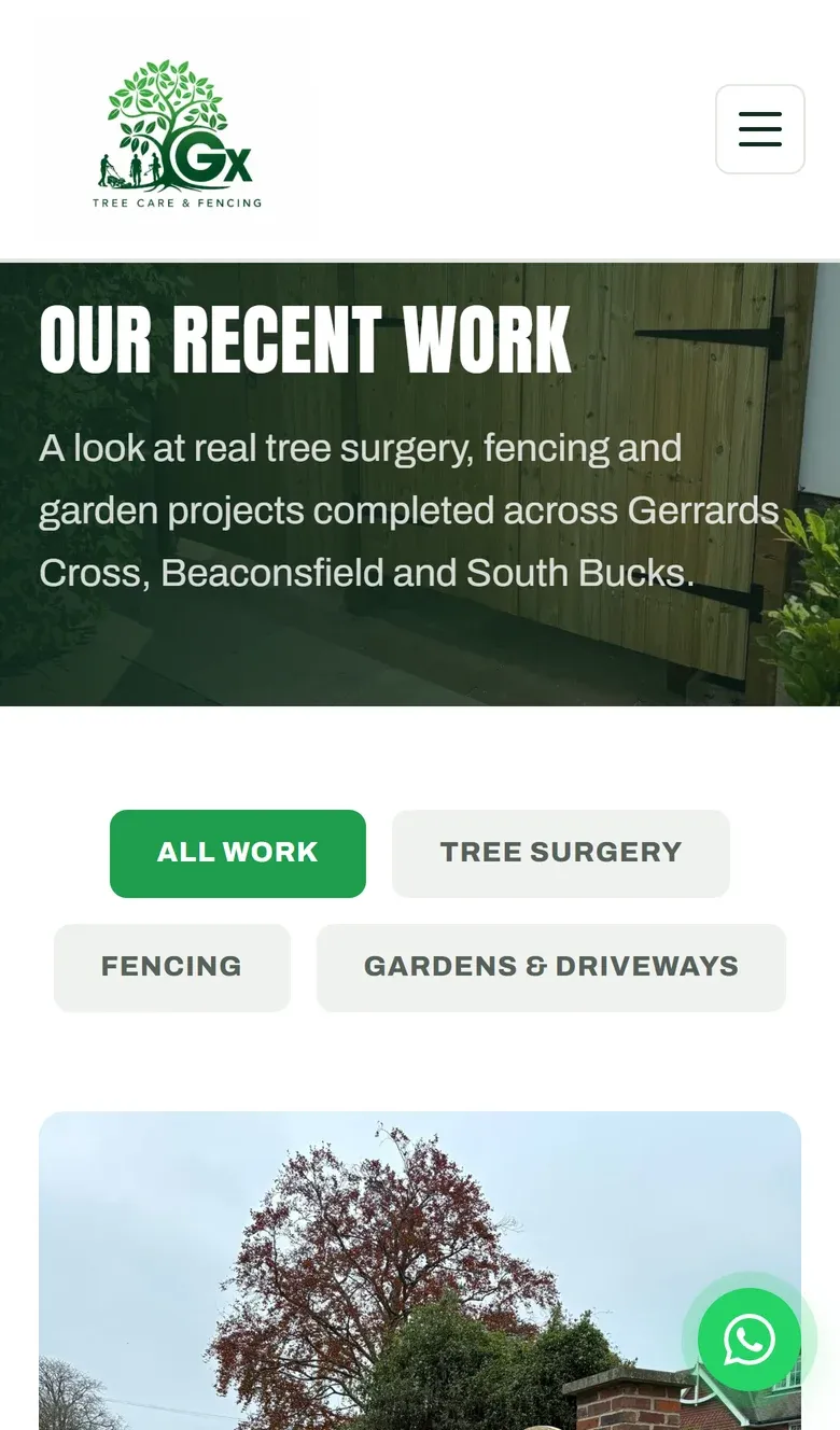 The Our Recent Work gallery on a phone, with filters for all work, tree surgery, fencing, and gardens and driveways