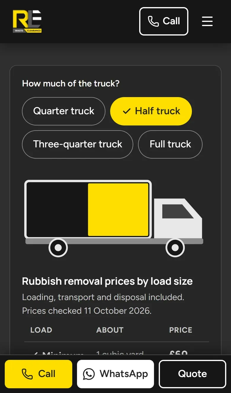 The How much of the truck? selector on a phone, with Half truck chosen and half of the truck drawing filled