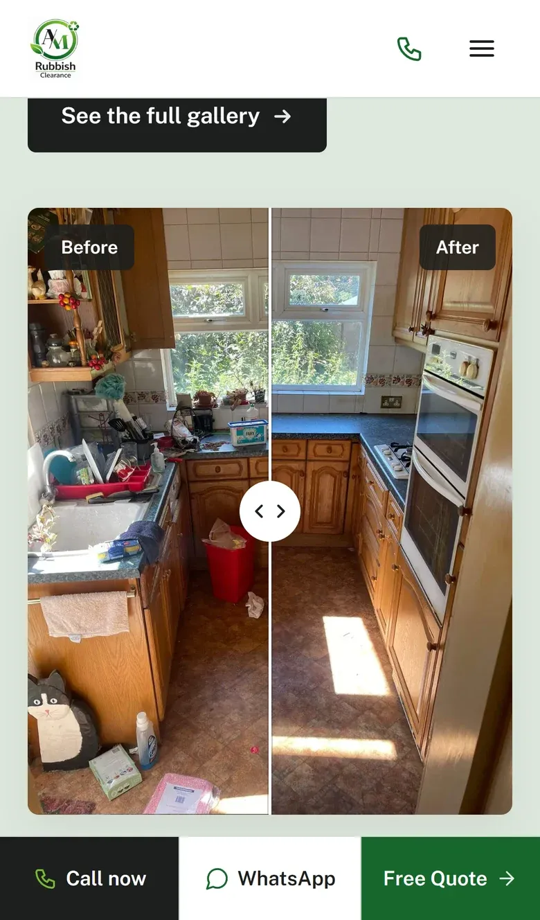 A before-and-after slider of a cleared kitchen on a phone