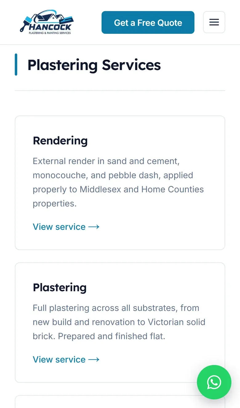 The Plastering Services cards on a phone, starting with Rendering and Plastering