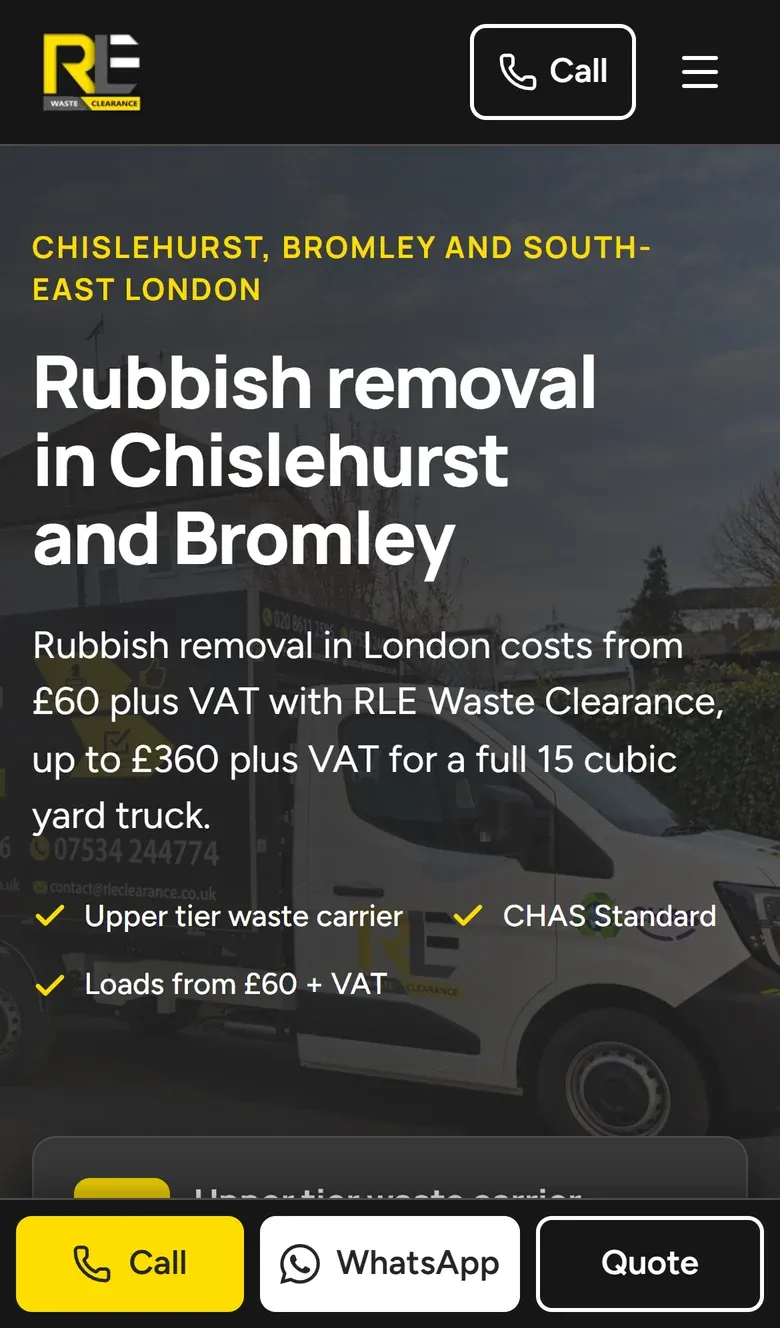 The RLE Waste Clearance homepage on a phone, with Call, WhatsApp and Quote buttons along the bottom