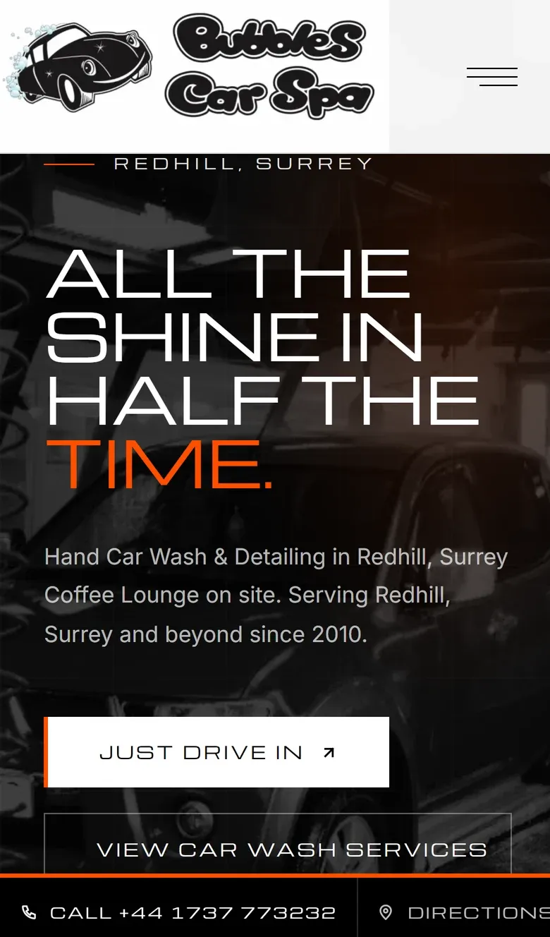 The Bubbles Car Spa homepage on a phone, with the call and directions bar along the bottom