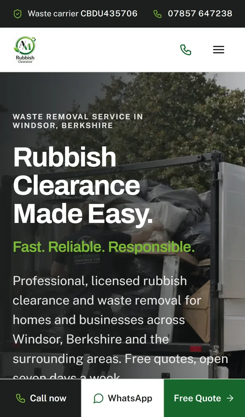 The AM Rubbish Clearance homepage on a phone, with Call now, WhatsApp and Free Quote buttons along the bottom