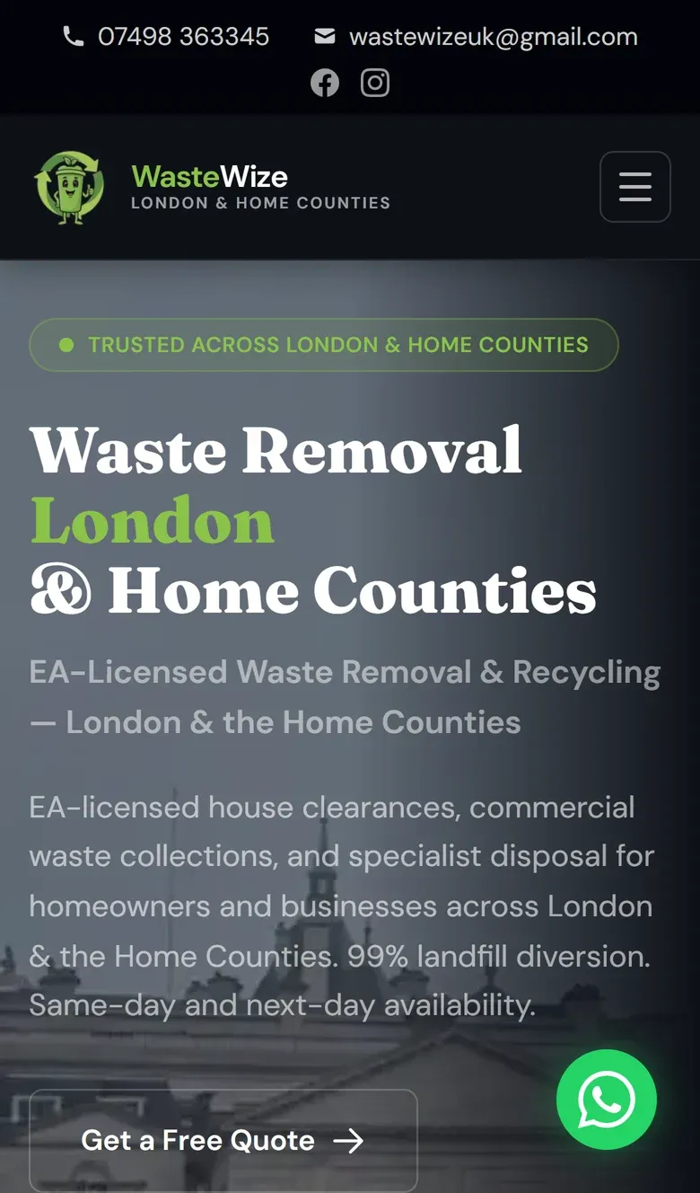 The WasteWize homepage on a phone, headed Waste Removal London and Home Counties