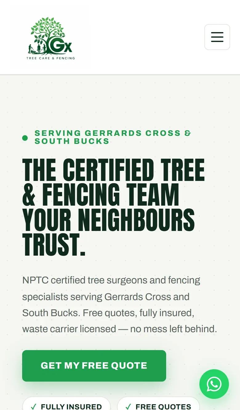 The GX Tree Care & Fencing homepage on a phone