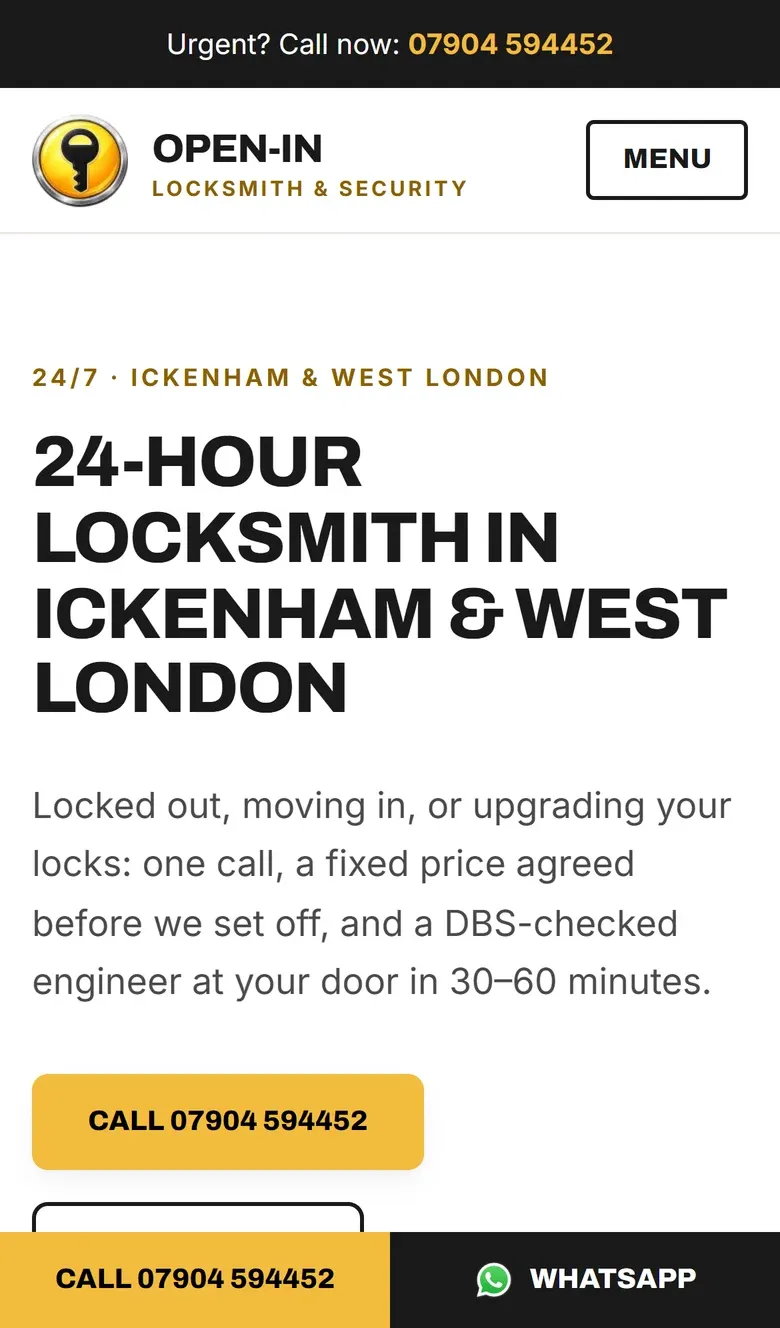 The Open-in homepage on a phone, with call and WhatsApp buttons along the bottom
