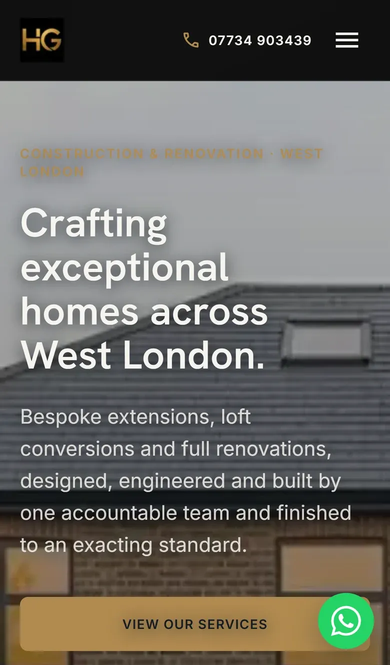The Hangard Construction homepage on a phone, headed Crafting exceptional homes across West London