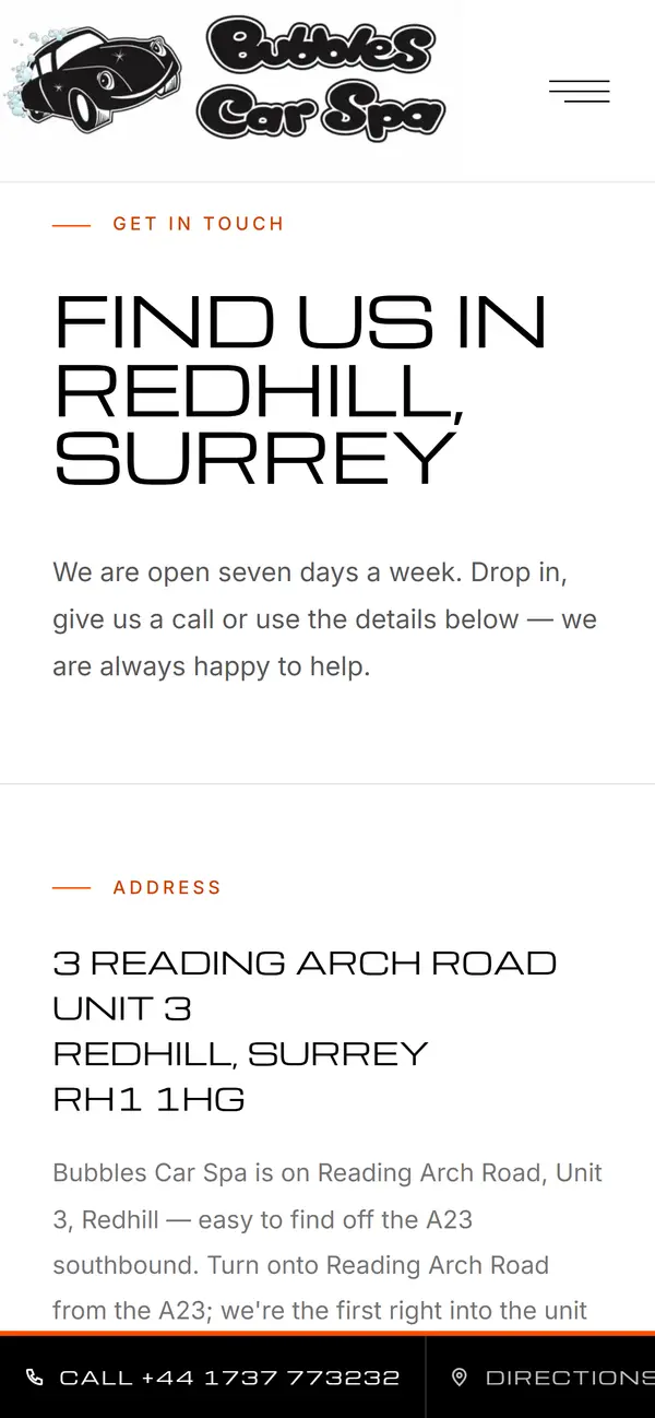 The contact page on a phone with the full Redhill address and directions from the A23