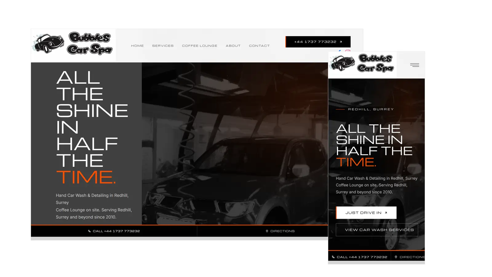 The Bubbles Car Spa homepage on a desktop screen and a phone
